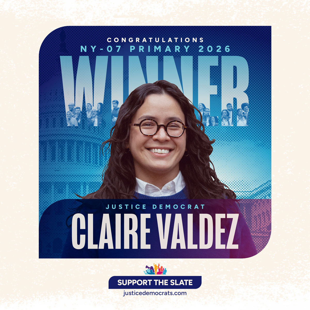 justicedems's tweet photo. Congrats to Justice Democrat @claireforny!

NYC voters elected one of the strongest champions for worker power DC has ever seen.

So proud to support her vision to build power for workers outside &amp; inside Congress &amp; use that power to take on billionaires &amp; the war machine. https://t.co/8j9BzUzIjU