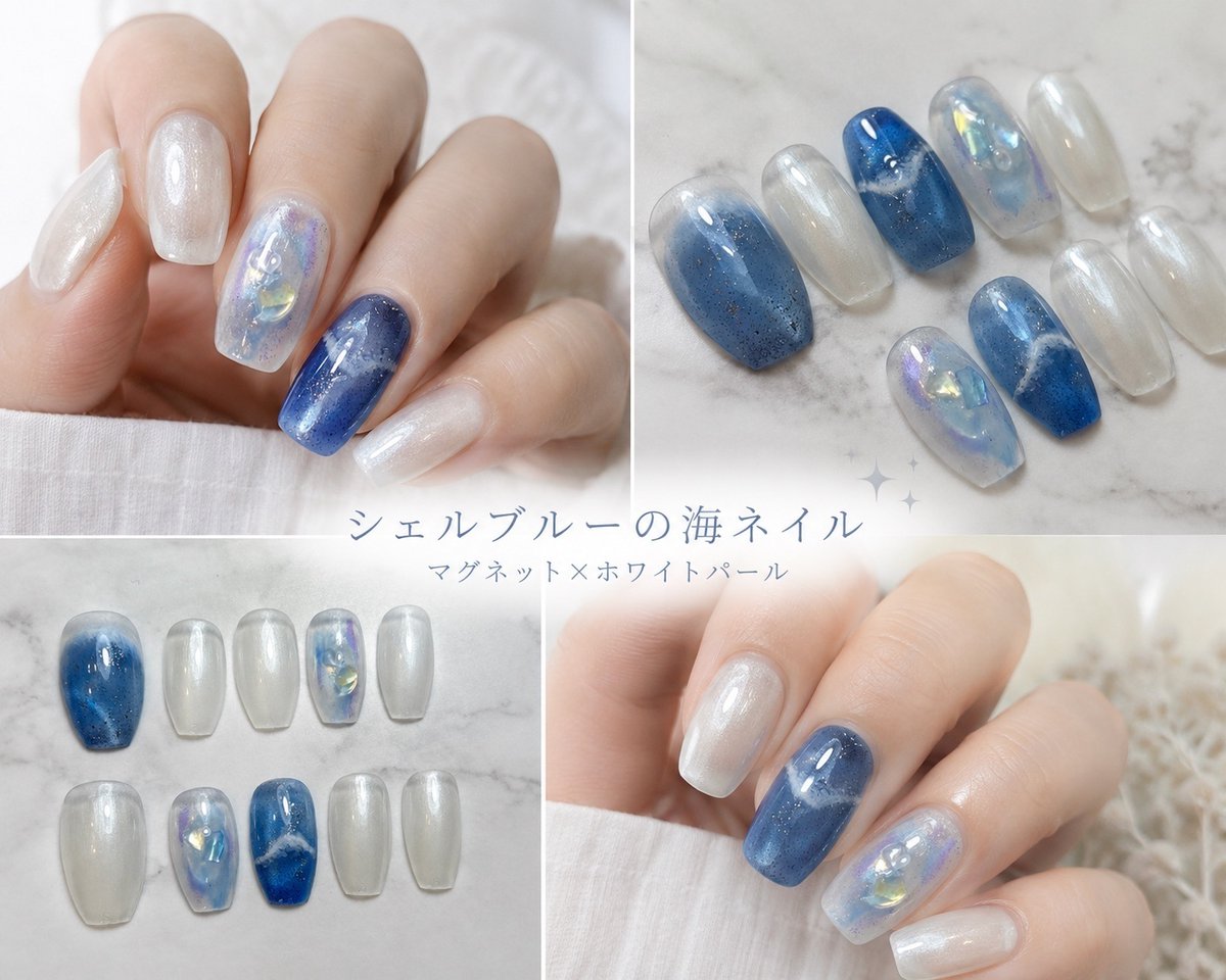 chora_nail's tweet photo. 透明感のあるパープルマグネットに深みのあるブルーを重ね、ぷっくりシェルアートと手描きの波模様を合わせた夏ネイル🌊✨

光の角度によって表情が変わるマグネットの輝きと、うるっとした透明感がポイントです🫧

涼しげなカ...

詳細はこちら↓（ネイルブック）
https://t.co/gGnZ6Kf10c https://t.co/Ds7HuK0ans