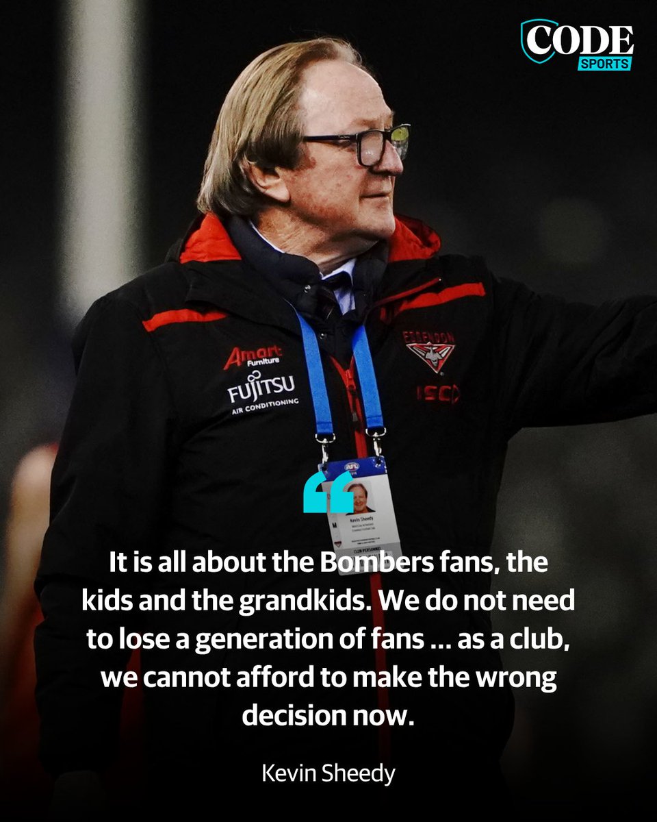 superfooty's tweet photo. Essendon legend Kevin Sheedy saying the Bombers' coaching call looms as one of the biggest decisions in the club’s history — and can’t be made by president Andrew Welsh alone.

And the consequences of getting it wrong could be massive 👉 https://t.co/aTOatTq1UV https://t.co/0hzMdZR52A