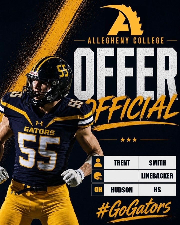 Trent_Smith15's tweet photo. After a great call with @Coach_Layer and great conversations with @CoachHanhold I am very proud to announce that I have received an offer to play football at @AlleghenyFB. Looking forward to being back for a game day in the fall!

@CoachClayScoutU 
@RollHudFootball 
@J_Brandy1 
@Coach_Gough