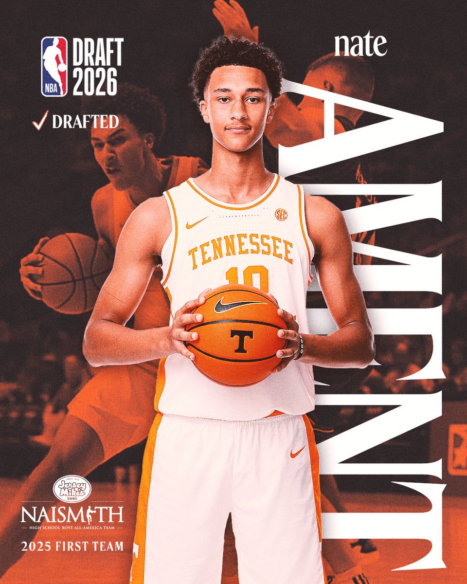 NaismithTrophy's tweet photo. Congratulations to Nate Ament on being selected No. 13 overall by the @MiamiHEAT in the @NBADraft 🏀

Ament was a member of our 2025 Jersey Mike’s Naismith High School Boys’ All-America First Team. 

@jerseymikes | @NateAment | @Vol_Hoops | @Highland_Hoops https://t.co/qL8U51Zqej