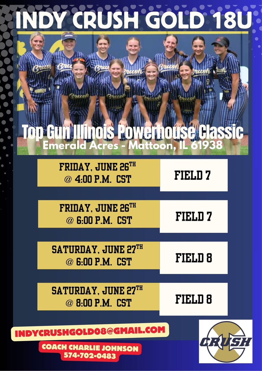 indycrushgold08's tweet photo. ‼️🥎 INDY CRUSH GOLD 18U is headed to Illinois‼️🥎
📍 Emerald Acres
📍 Mattoon, IL 61938
#TopGunEvents #PowerhouseClassic #SoftballShowcase #RoadToRecruiting https://t.co/n55jPaJbHw