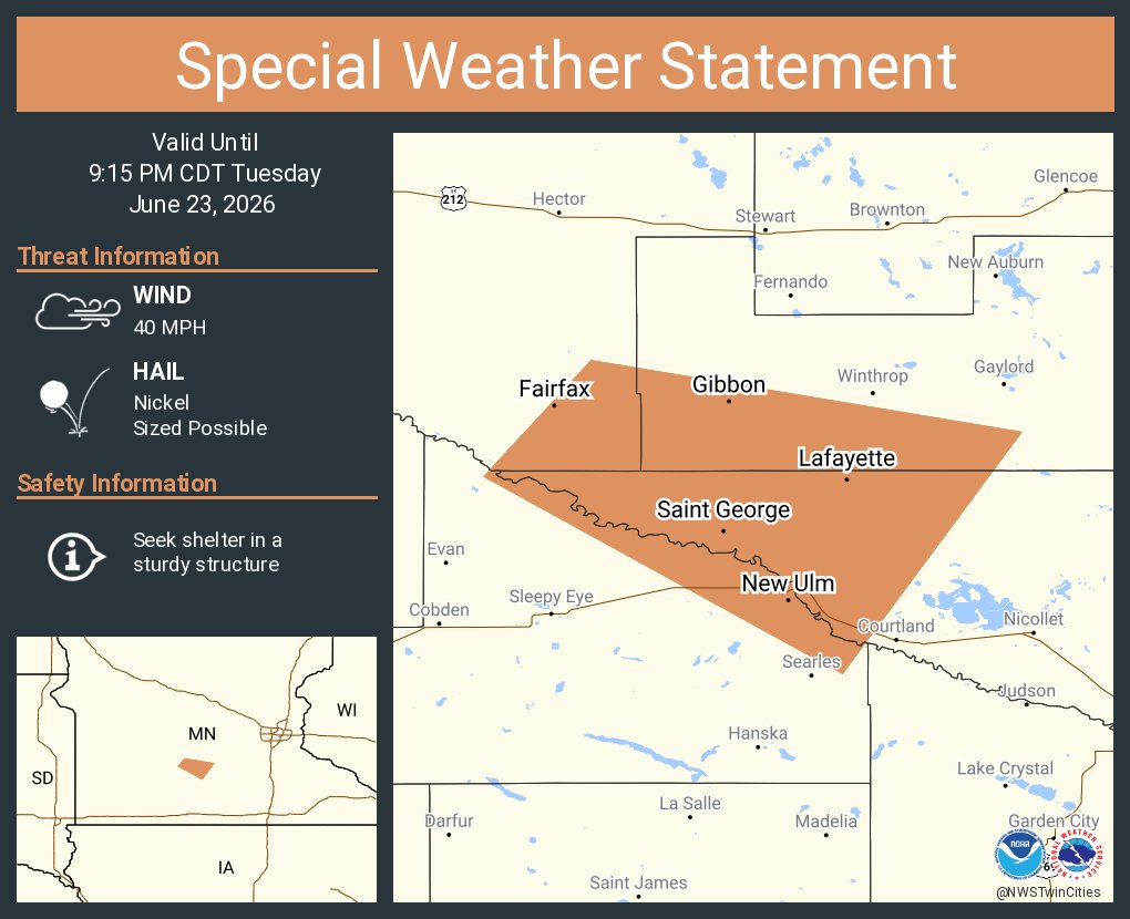 NWSTwinCities's tweet photo. A special weather statement has been issued for New Ulm MN, Fairfax MN and  Gibbon MN until 9:15 PM CDT https://t.co/rvtLYJBOYW