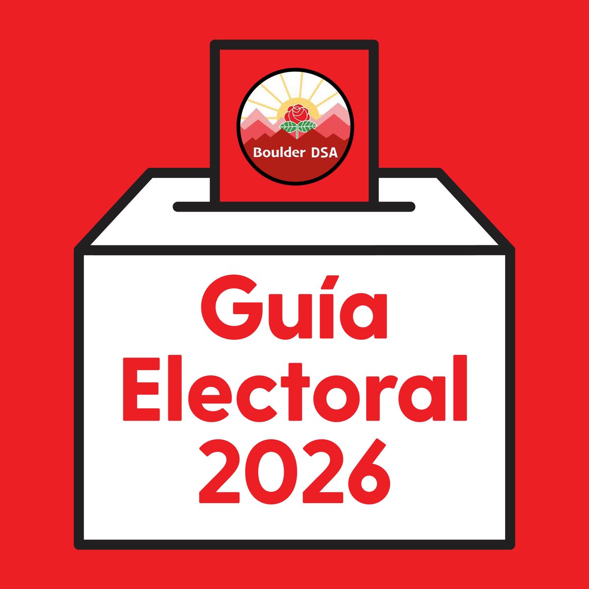 BoulderDSA's tweet photo. ¡Ya llegó nuestro guía electoral para las primarias de 2026! Vaya a https://t.co/eElE3nZHZP para bajar el guía y consultar nuestras recomendaciones, que incluyen descripciones de los candidatos e información sobre las carreras sin oposición. https://t.co/oBUtDL6aAx