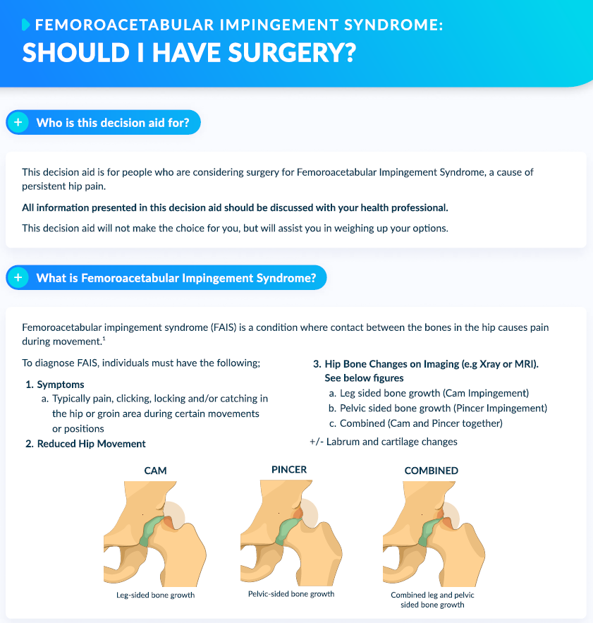 zadro_josh's tweet photo. We developed a decision aid to help people with femoroacetabular impingement syndrome choose between surgery and non-surgical options @msk_health

Mixed methods development described here https://t.co/GpX8PZH4Ls

Decision aid (+ others) can be found here https://t.co/za4ruV1946 https://t.co/msMBtVhklv