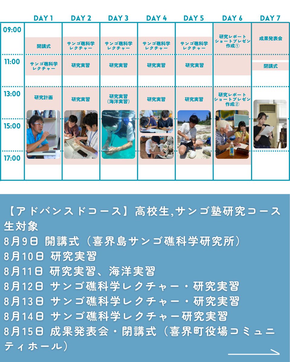 KIKAIreefs's tweet photo. 【🪸サンゴ礁サイエンスキャンプ　締め切りまであと4日📷6/28〆切】 
期間
●ジュニア（小３～高３，サンゴ塾レクチャーコース生）
 2026年8月4日(火)～8月8日(土)  
●アドバンスド（高校生、サンゴ塾研究コース生） 
2026年8月9日(日)〜8月15日(土)  
🔍参加申し込み・詳細：https://t.co/LsYaUXYjGg https://t.co/Uc53me8Hp7