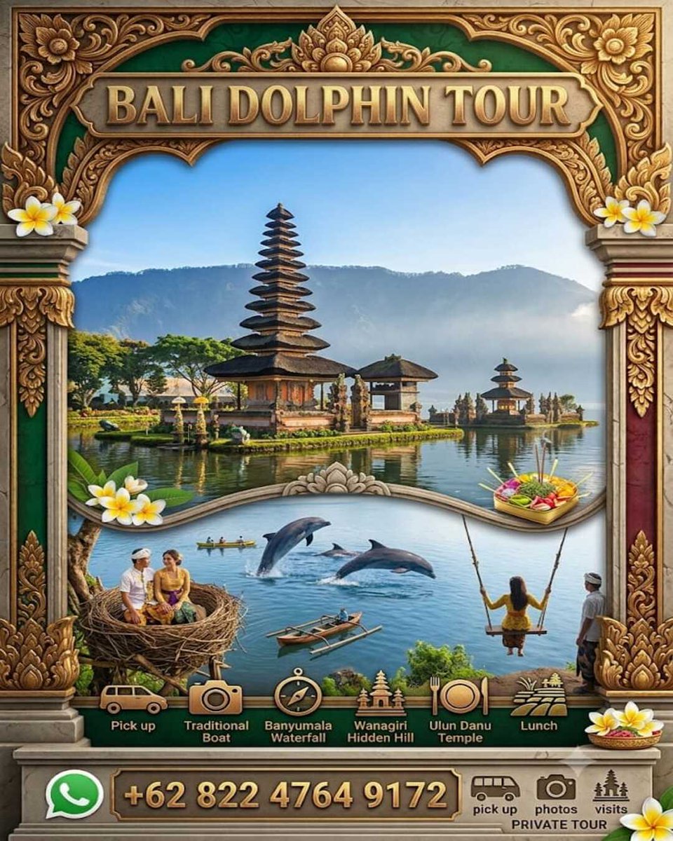 budiarta09's tweet photo. See wild dolphins at sunrise in Lovina! 🐬 Then explore Banyumala Waterfall, Wanagiri Hidden Hill, and Ulun Danu Temple. A perfect day trip.
​✅ Regular: From $48/car
✅ All-Inc: $58/pax (min 2)
​Book your private trip: https://t.co/oe0efJEjpF
​#Bali #Lovina #DolphinTour https://t.co/tJDbYMEZKW