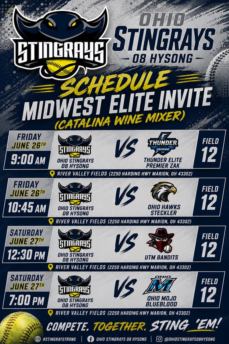 CamrynHrina33's tweet photo. Excited to be back on the field with my @OHstingrays08 teammates this weekend at the Midwest Elite Catalina Wine Mixer. 🥎

Looking forward to competing with this group and building on a great summer against some strong competition.

📍 Marion, Ohio

Class of 2028 | RHP/Corner IF
@ettasoftball @Coach_Castle @AC_softball @coachkayleefox @ZipsSB @nix131313 @cailey_joyce @YSUSoftball @TiffinUSoftball @MeganMcMenemy25 @JohnCarrollSB @CoachScibelli @HerdSB @UIndySoftball @coachferrell15 @IndStSoftball @CoachWThees @MSU_Softball @ShoMcDonald @OhioStateSB @Coach2K_OSU @WLU_Softball @OhioBobcatSB @Paige_McMenemy @RMUSoftball @CoachJexx_RMU @CoachMaddyW @SRU_Softball @BGSUSoftball @Coach_MGardner @ClarionSoftball @marissa_pullo @BallStateSB @CoachPena_BSU @CoachBurns17 @OtterbeinSB @Thiel_SB @Tommyw001 @LadyCardsb 
Schedule ⬇️