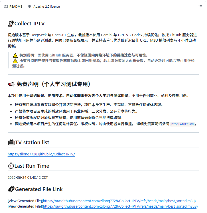 QT9277's tweet photo. 《零成本全球电视，阿台发现GitHub直播源神器》

兄弟们，还在装一堆App看直播？阿台告诉你一个更简单的办法。

免费看全球电视台，一个App都不用装，靠GitHub仓库Collect-IPTV就搞定。

它每4小时自动跑一次，全网抓直播源、测试可用性、失效的直接踢掉，最后给你标准M3U播放列表，完全不用操心。

你要做的就三步：

1️⃣ 复制仓库里的M3U链接
2️⃣ 丢进任意播放器，VLC、IINA、Kodi、手机IPTV播放器都行
3️⃣ 直接开看

家里有电视盒的、出门想看直播的、讨厌臃肿App的，存这一个就够了。

🔗https://t.co/9J2xrXO1eJ