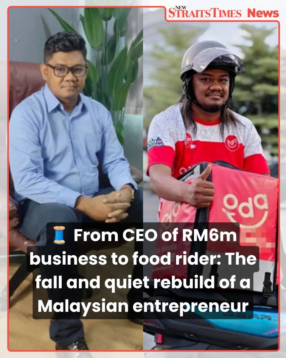 NST_Online's tweet photo. 🧵 From CEO of RM6m business to food rider: The fall and quiet rebuild of a Malaysian entrepreneur

1/7 🇲🇾 At his peak, 40-year-old Indera Aria Wee Jeeny was the CEO of a food delivery platform that recorded profits of up to RM6 million and managed about 3,000 riders across Kelantan, Terengganu and Kedah.
