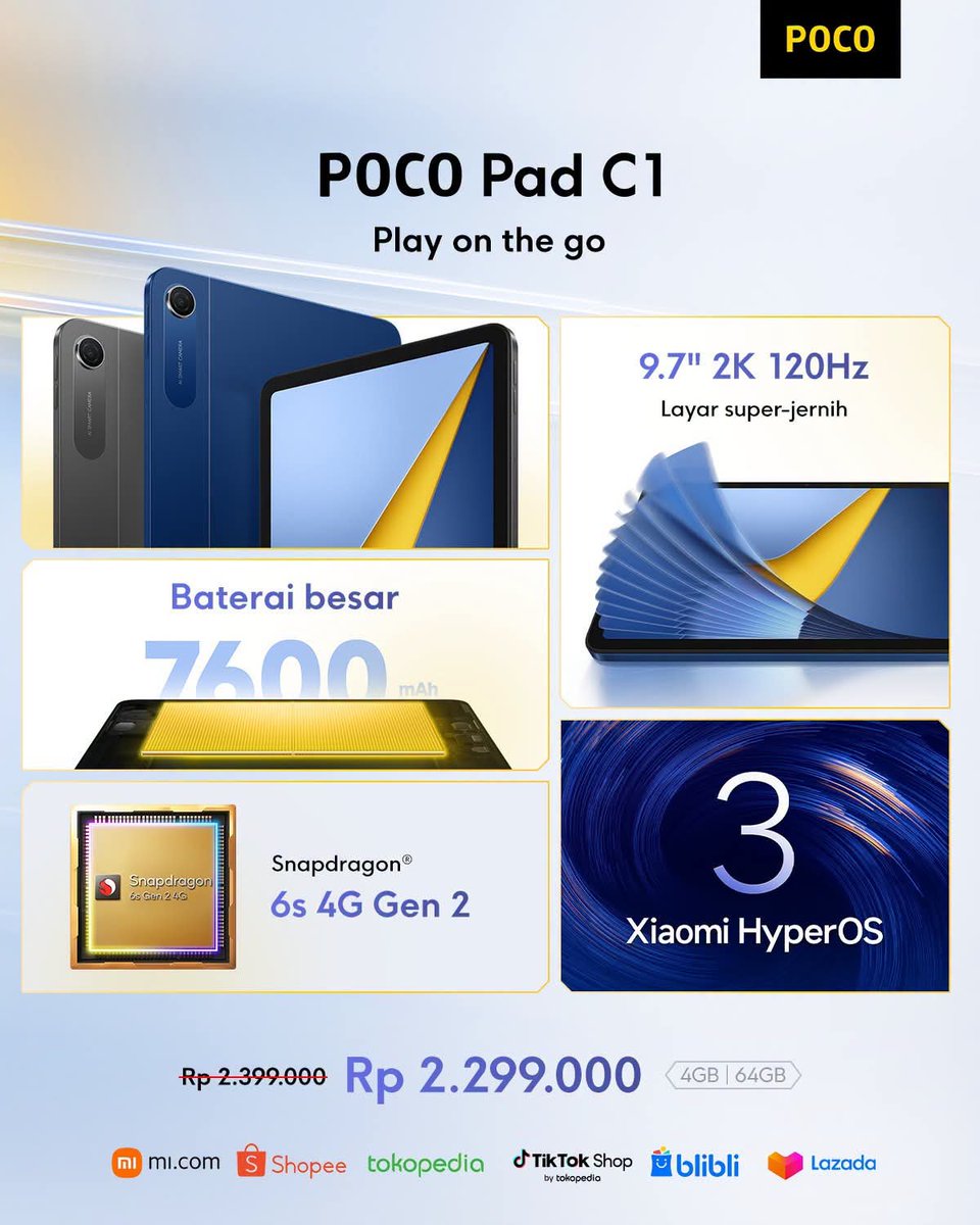 suhud_m's tweet photo. 📱 POCO Pad C1 rilis jam 4 sore ini!
​Gak perlu beli tablet mahal buat nemenin kerja atau nonton. POCO Pad C1 garansi resmi rilis jam 16.00 WIB di Shopee. Amankan sekarang!! 
​https://t.co/HFFnw6IUsZ https://t.co/qUnazMi3MG