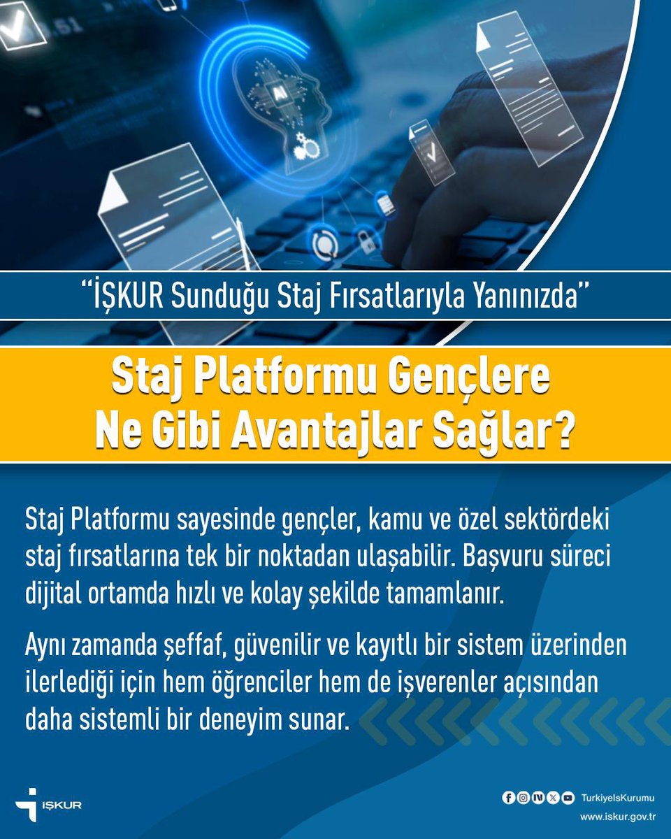 TurkiyeIsKurumu's tweet photo. Tek Platform, Daha Fazla Fırsat❗
💻Staj Platformu Gençlere Ne Gibi Avantajlar Sağlar?

🔗https://t.co/46hgnvaHQ7

#Staj
#StajPlatformu
#İŞKURdaİşVar
#KariyerBaşlangıcı https://t.co/cedGAmjiAZ