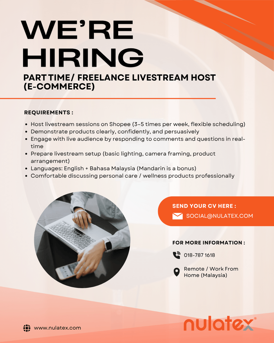 nulatex's tweet photo. We are hiring a Part Time Livestream Host
📍 Remote/ Work from home
🕘 Flexible hours

Please email social@nulatex.com to apply! 

#HiringNow https://t.co/D7s5kL0e8h