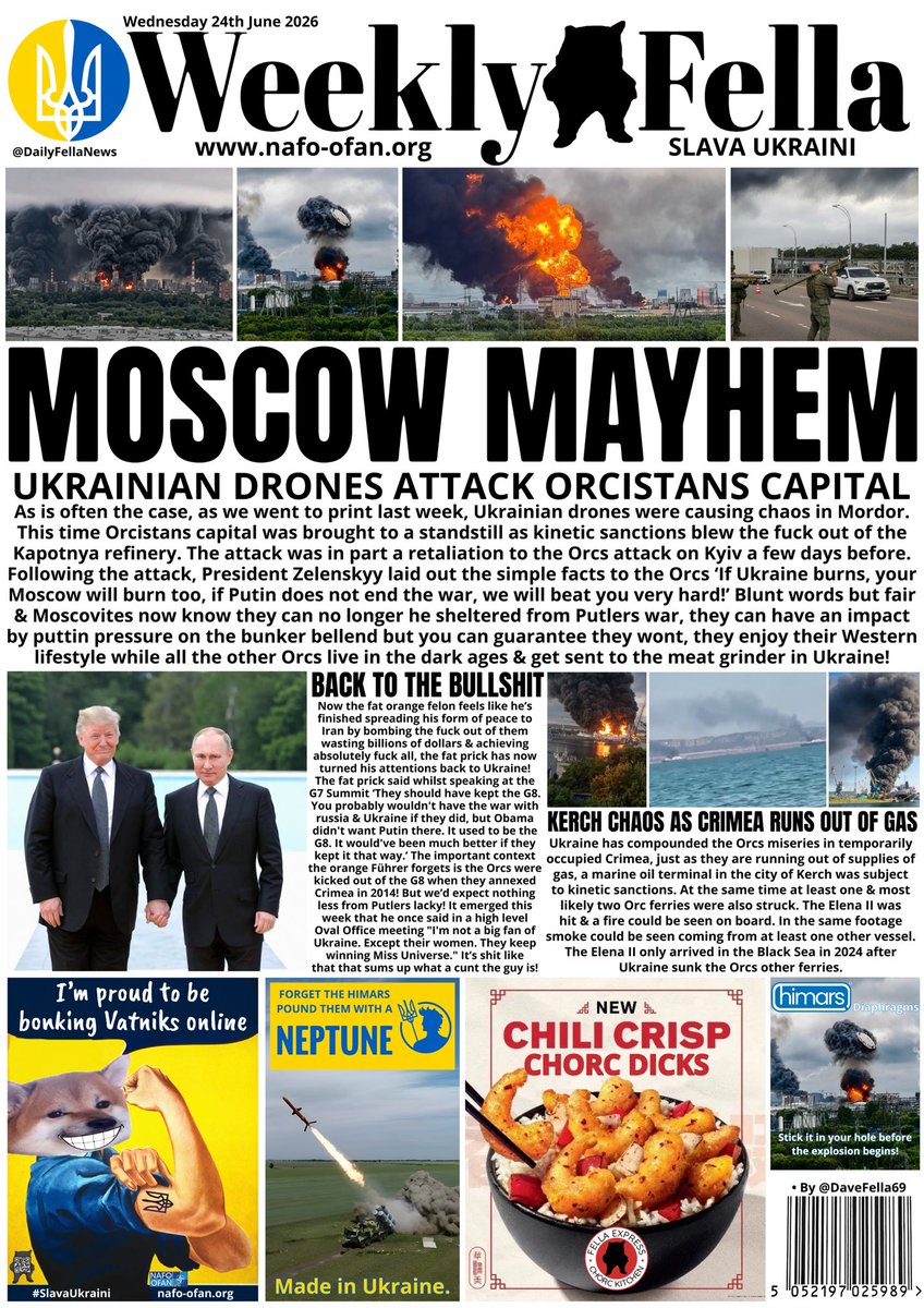 DailyFellaNews's tweet photo. It’s Weekly Fella time. Read about Ukraines attack on Moscow, tRump cosies up to Putin again &amp; a tornado strikes russia causing billions of rubles in improvements.

Don’t forget our fundraiser thread below. 

#WeeklyFella #DailyFella #DailyFellaNews #SlavaUkraini #NAFO https://t.co/GsizsWUfm0