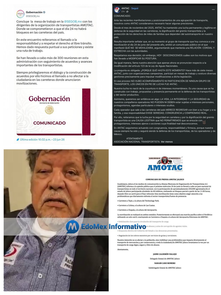 EdoMexInf's tweet photo. Jun 24, 2026 | 00:00 Hrs | La Secretaría de Gobernación anunció la cancelación del Mega Bloqueo. El presidente de la AMOTAC afirma que sigue vigente el llamado a manifestarse pero sin bloqueo. La ANTAC se deslinda. Algunos sectores estatales deAMOTAC reiteran llamado a bloqueo. https://t.co/JT1C4Pibef