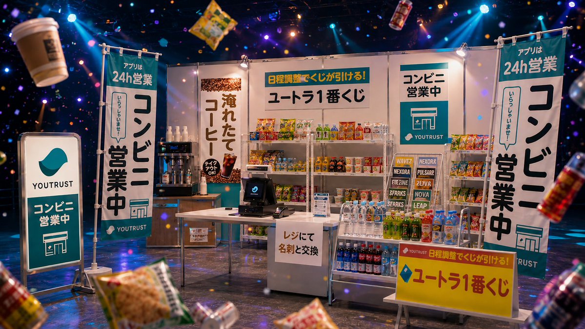 YOUTRUST_TALENT's tweet photo. ＼IVS2026、まさかの“コンビニ”出店 🏪／

YOUTRUSTはIVSで唯一のコンビニを出店します！
・名刺交換でお好きな商品を購入
・一番くじにチャレンジ
・コーヒーで一息

ブースでお待ちしています！
ぜひお立ち寄りください✨ https://t.co/EKDGN3cCCD