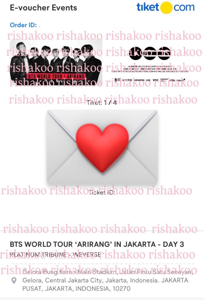 rishakoo's tweet photo. WTS BTS ARIRANG TOUR JAKARTA 2026 ADD SHOW

- Platinum Tribune 2 tix day 3 

✅All proof provided 
📍bisa cod jakarta selatan 
💌Serious buyers only DM if interested
💵price by dm (ada fee jastip yaa) 

dijual karna udah dapet vip 

#btsariranginjkt #btsinjakarta https://t.co/VGtOpkbGM5