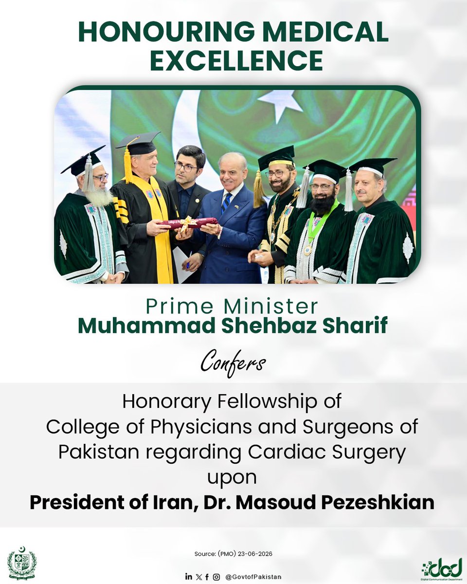 Pakistan’s PM Shehbaz Sharif Bestows Honorary Cardiac Surgery Fellowship on Iranian President Pezeshkian in Historic Ceremony
