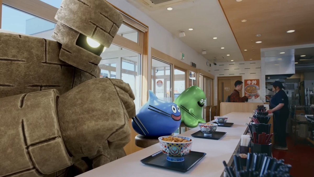 denfaminicogame's tweet photo. 『ドラクエウォーク』×「吉野家」コラボPVのクオリティが高すぎる。並んで牛丼を食べるスライムたちがあまりにもかわいい
https://t.co/CohdTVjgdC

ゴーレムの口はどこなのか、スライムたちがどうやって箸を持っているのかは謎。吉野家の牛丼はモンスターにも好評な模様 https://t.co/tT3Aadi8Y3