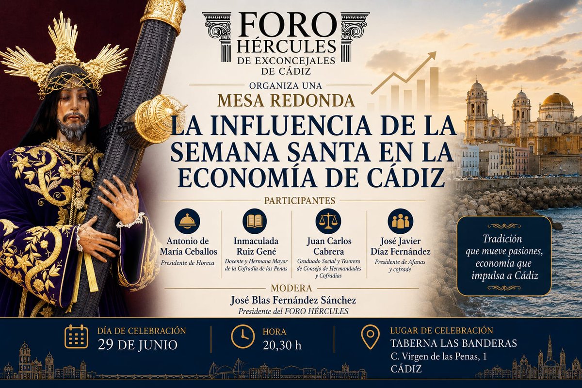 CadizForo's tweet photo. El Foro Hércules de Exconcejales de Cádiz organiza una mesa redonda sobre la influencia de la Semana Santa en la economía gaditana https://t.co/UYYrBPXid1