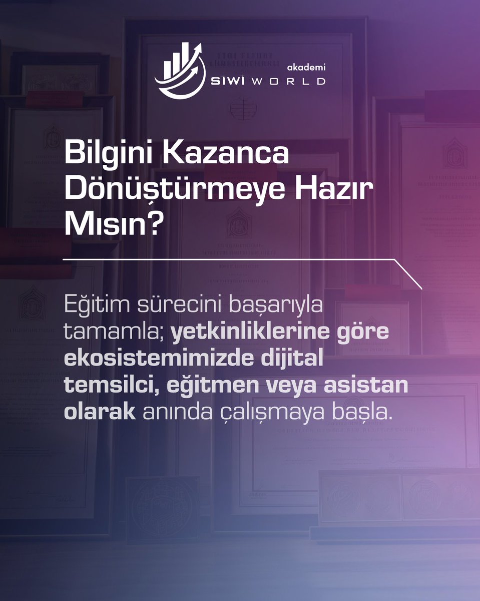 SiwiAkademi's tweet photo. Sertifikanızı alıp koca bir piyasada yapayalnız bırakıldığınız geleneksel eğitim modellerinden yorulmadınız mı? 

Siwi WORLD Akademi olarak size sadece teorik bilgi değil, ayrıcalıklar barındıran bir alan sunuyoruz:👇

#SiwiWORLDAkademi #DijitalKariyer #Girişimcilik #EkGelir https://t.co/XlHD8o4484