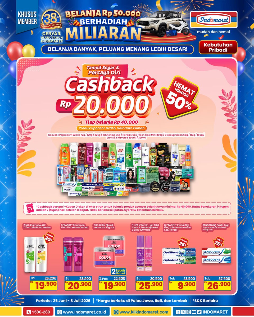Indomaret's tweet photo. Dapatkan berbagai produk KEBUTUHAN PRIBADI yang hemat ini selama periode 25 JUNI - 8 JULI 2026.
Yuk belanja di Indomaret!
Info selengkapnya di https://t.co/8D4LdnBb5l
.
#SuperHemat #Indomaret #IndomaretBanyakPromosinya https://t.co/0PhZznC7fo