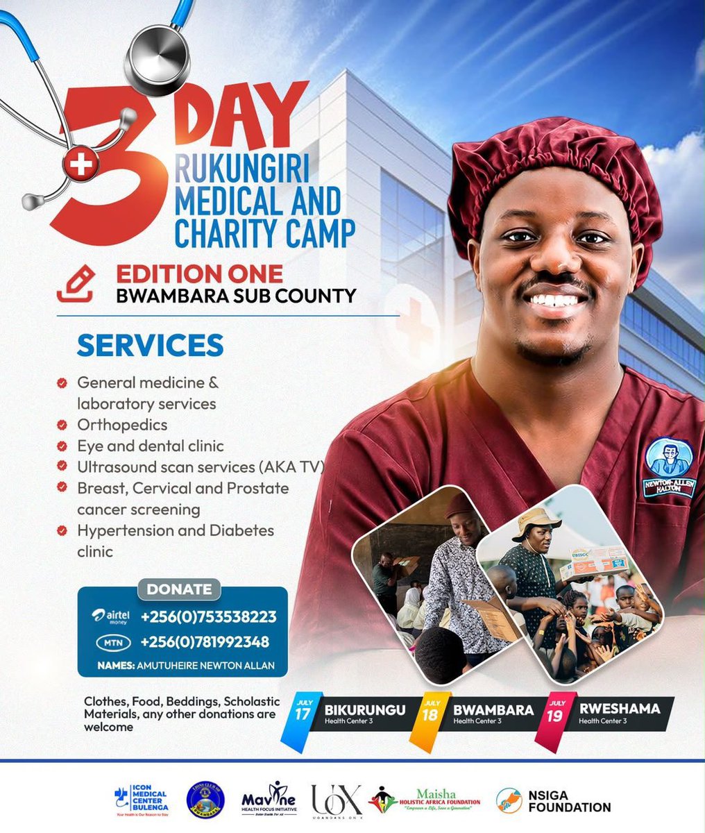 Sammy_Travels's tweet photo. Bringing healthcare and hope to Rukungiri!  Edition One of the 3 Day Medical &amp; Charity Camp kicks off July 17–19 across Bikurungu, Bwambara, and Rweshama.
Support the cause with clothes, food, and for mobile money donations,  use contacts on the flier. https://t.co/PIy3Gz3Yhe