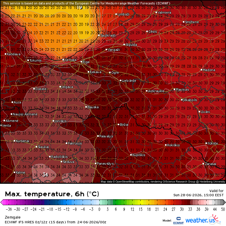 meteolapa's tweet photo. Sakot ar sestdienu vismaz trīs dienas prognozēts ļoti karsts laiks, svētdien un/vai pirmdien daudzviet Zemgalē +30 ... +34 C. Tālākās prognozes kopumā ar nelieliem izņēmumiem vasarīgi siltas, jūlija sākumā vēsumu neredz (https://t.co/eP40q2PxTO). https://t.co/4u6t7WZ4IL
