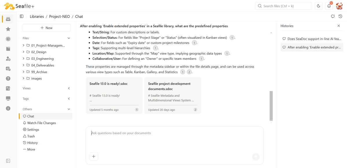 Seafile's tweet photo. In Seafile 14, you will be able to chat with AI based on your documents in a library. https://t.co/4m6RLogluO