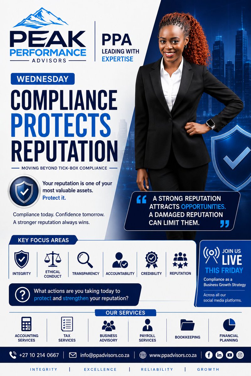 peakp_advisors's tweet photo. "Your reputation is one of your most valuable assets. Protect it."

📞 +27 10 214 0667

📧 info@ppadvisors.co.za

🌐 https://t.co/sr39NcXoKi

#Compliance #Reputation #Integrity #Leadership #Accountability #BusinessGrowth #CorporateGovernance #PeakPerformanceAdvisors https://t.co/QNUxgTUwBX