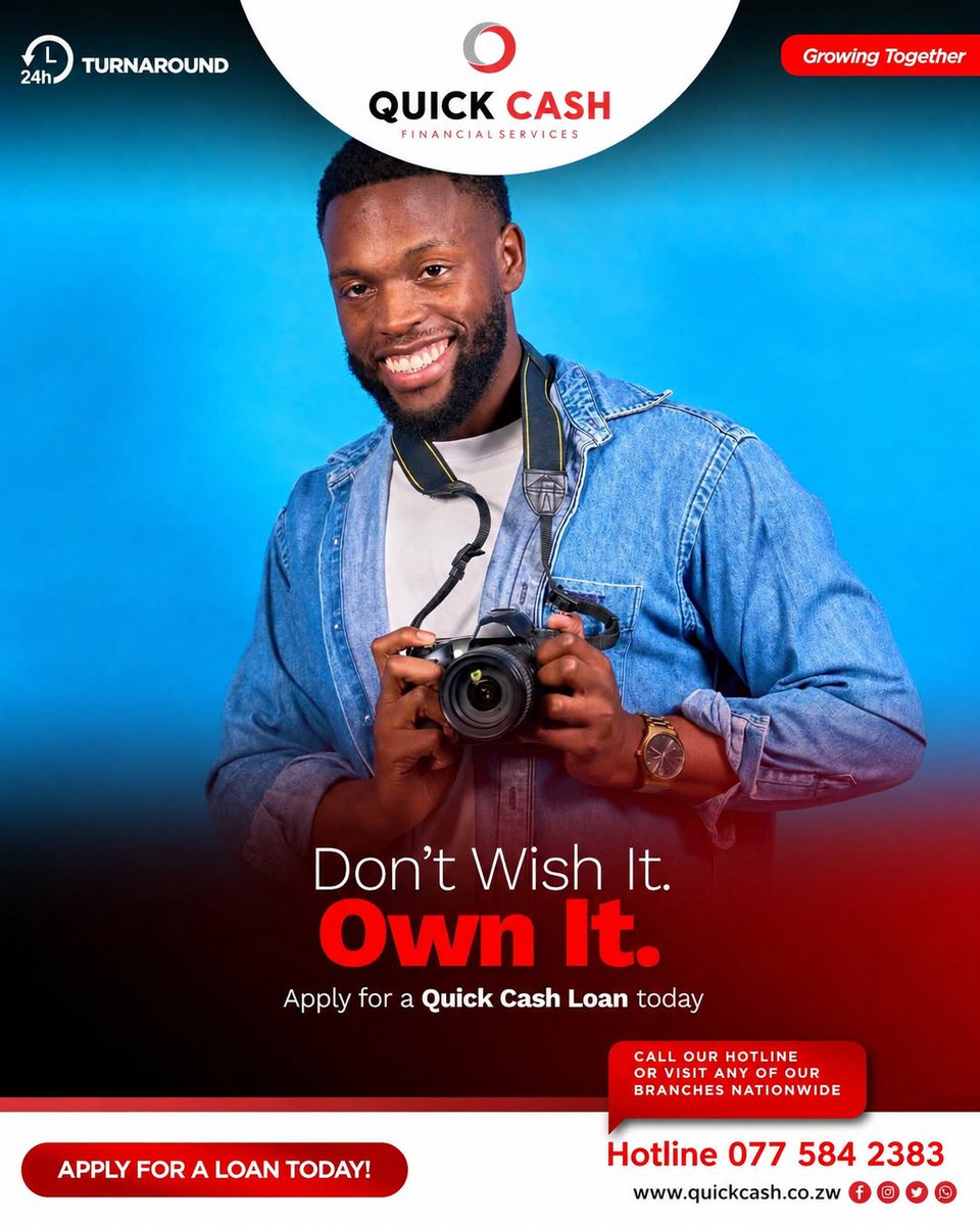kudzick's tweet photo. Don't just wish for it — own it!
Need quick financial support to grow your business, buy equipment, or meet urgent expenses? Quick Cash is here for you.

✅ Fast approval ✅ Convenient service ✅ 24-hour turnaround

☎️ Call: 077 584 2383 https://t.co/eNPnZGXcDw