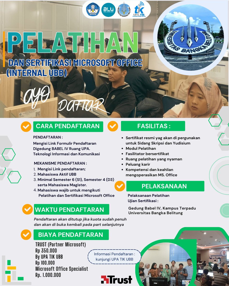 upatikubb's tweet photo. Info_upatik:
Halo SobaTIKers adek² mahasiswa..AYO Daftar sekarang juga, sertifikasi microsoft by upatik dan by partner microsoft..ke gedung Babel 4 lantai 2, jangan mepet mau yudisium baru daftar,persiapkan dari jauh² hari biar aman dan tenang 💪😇..Pelaksanaan pelatihan rutin. https://t.co/92hHmryHRG