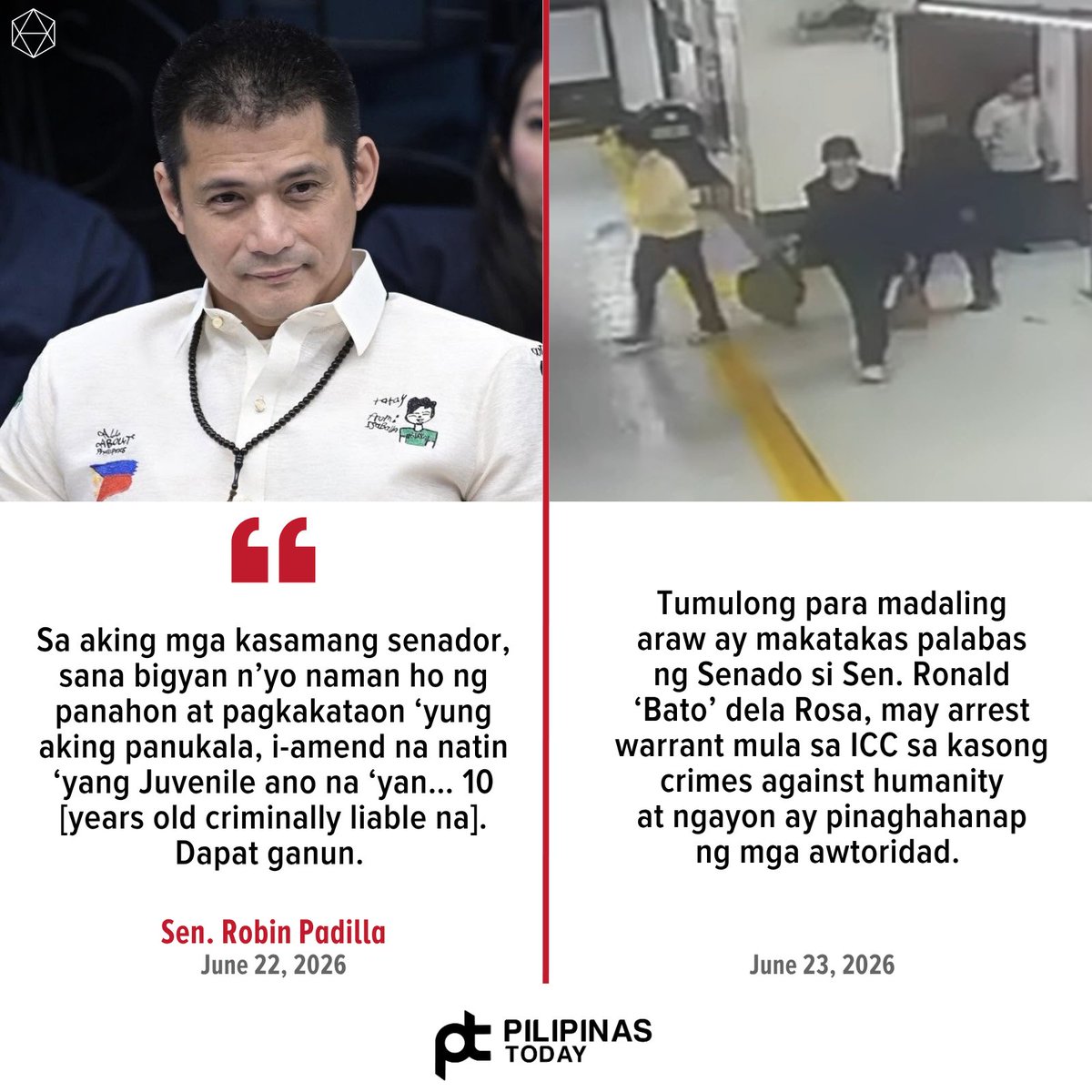 PilipinasToday_'s tweet photo. Sa gitna ng panawagan ni Senator Robin Padilla na amyendahan ang Juvenile Justice Act para maibaba sa 10 anyos ang criminal liability ng bata, ipinaalala ng netizens sa senador kung paanong tumulong siya sa pagpapatakas kay Sen. Ronald ‘Bato’ dela Rosa para makaiwas ito sa pananagutan sa International Criminal Court (ICC).

Katwiran ng netizens, bakit iginigiit ni Padilla na mapanagot ang mga edad 10 sa ginawang krimen, pero nagawang maiiwas sa pag-aresto si Dela Rosa, na itinuturing ng ICC na “co-perpetrator” sa dr_g w_r ni dating pangulong Rodrigo Duterte?

Ang w_r on dr_gs—na ipinatupad ni Dela Rosa bilang hepe ng Philippine National Police (PNP) noong 2016 hanggang 2018—ang sinisisi sa pagkamatay ng libu-libong Pilipino sa ilalim ng Duterte administration.

#PilipinasToday
#RobinPadilla #JuvenileJusticeAct
#BatoDelaRosa #ICC