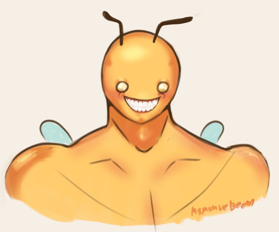msmumblebee's tweet photo. practicing more of my artstyle and how i render things. well my friend said this is just some new SCP.
SCP honeyman 
if you're nice to him he will flutter his wings and give you a small jar of honey
but if you are not nice to him then he eats you with his big ol set of chompers https://t.co/YlNg1wMyJS