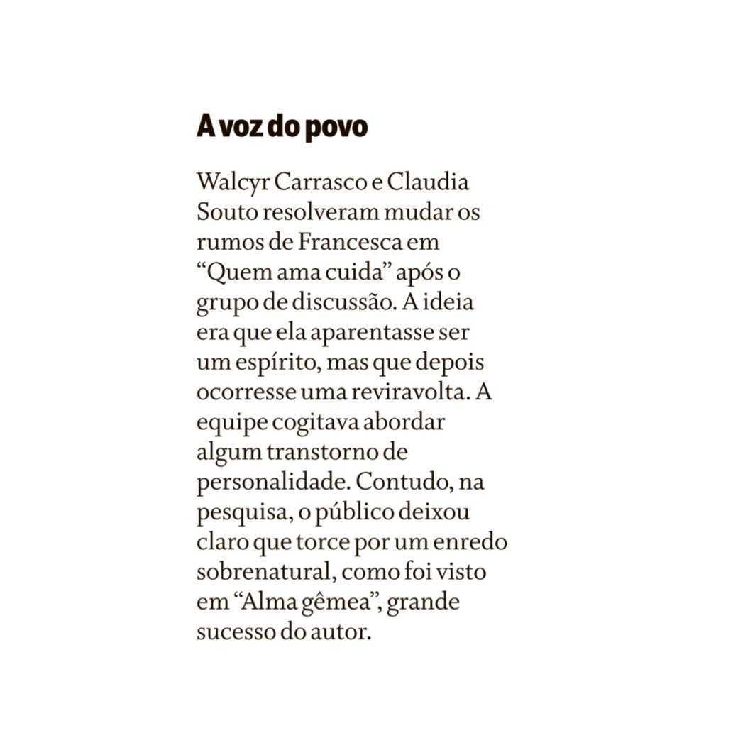 forumeplay's tweet photo. Após grupos de discussão, Walcyr Carrasco e Claudia Souto teriam decidido alterar os rumos de Francesca em #QuemAmaCuida. A ideia inicial cogitava uma explicação ligada a transtornos de personalidade, mas a reação do público levou a equipe a apostar em um caminho sobrenatural, nos moldes de Alma Gêmea, um dos maiores sucessos do autor. 

🗞 Coluna Play