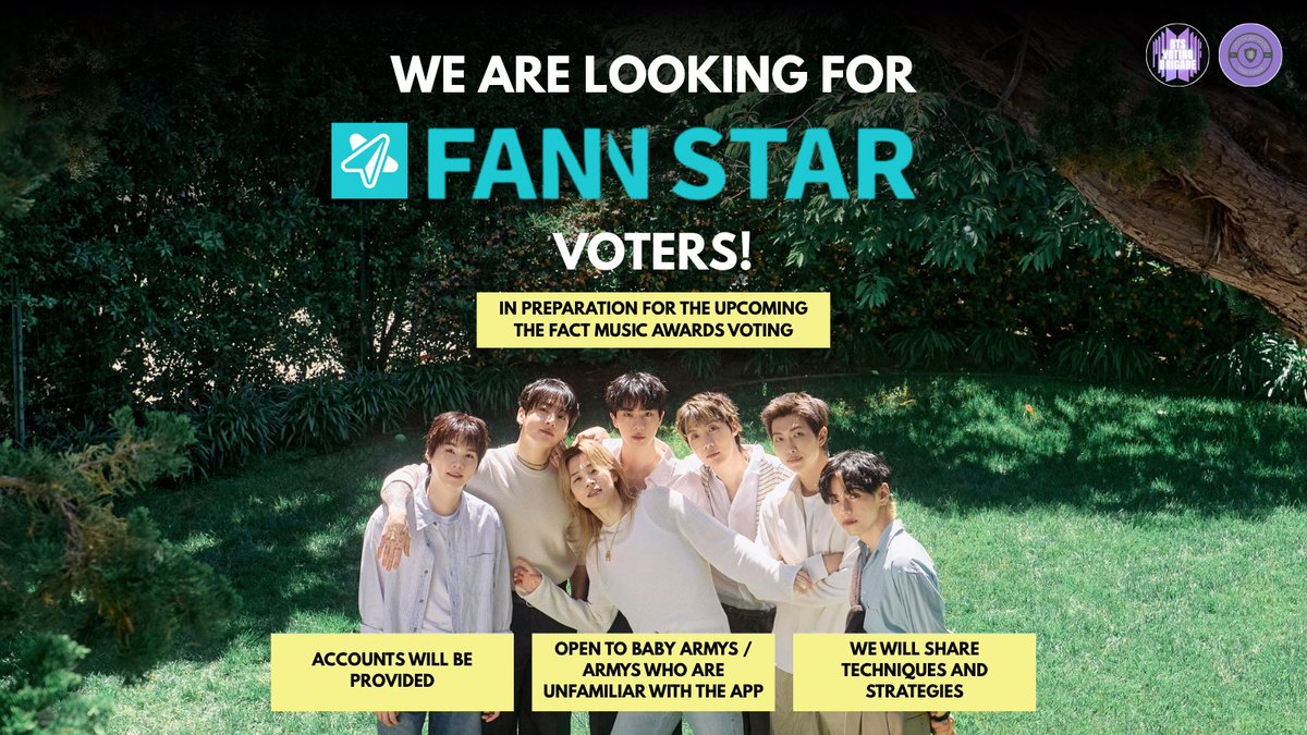 BVB_TaskForce's tweet photo. 📢 CALL FOR VOTERS

In preparation for the upcoming TFMA voting, we are looking for ARMYs who can help leveling up FNS accounts!

• open to baby armys
• can commit their time and effort towards team goals
• accounts will be provided

Please follow us and drop a 💜 to be added https://t.co/c5LSsWJUsQ