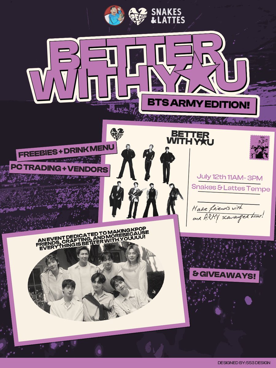 azspecialtea's tweet photo. ARMYYYYYY! We saw all the comments asking for another BTS event!
💜 Better With You: ARMY Edition 💜
When: July 12th @ 11AM-3PM
Where: Snakes & Lattes Tempe
20 W Sixth St, Tempe, AZ 85281
#kpopevent #btsnight #btscafe #btsarmy #arizona https://t.co/3wJsbyWfs3