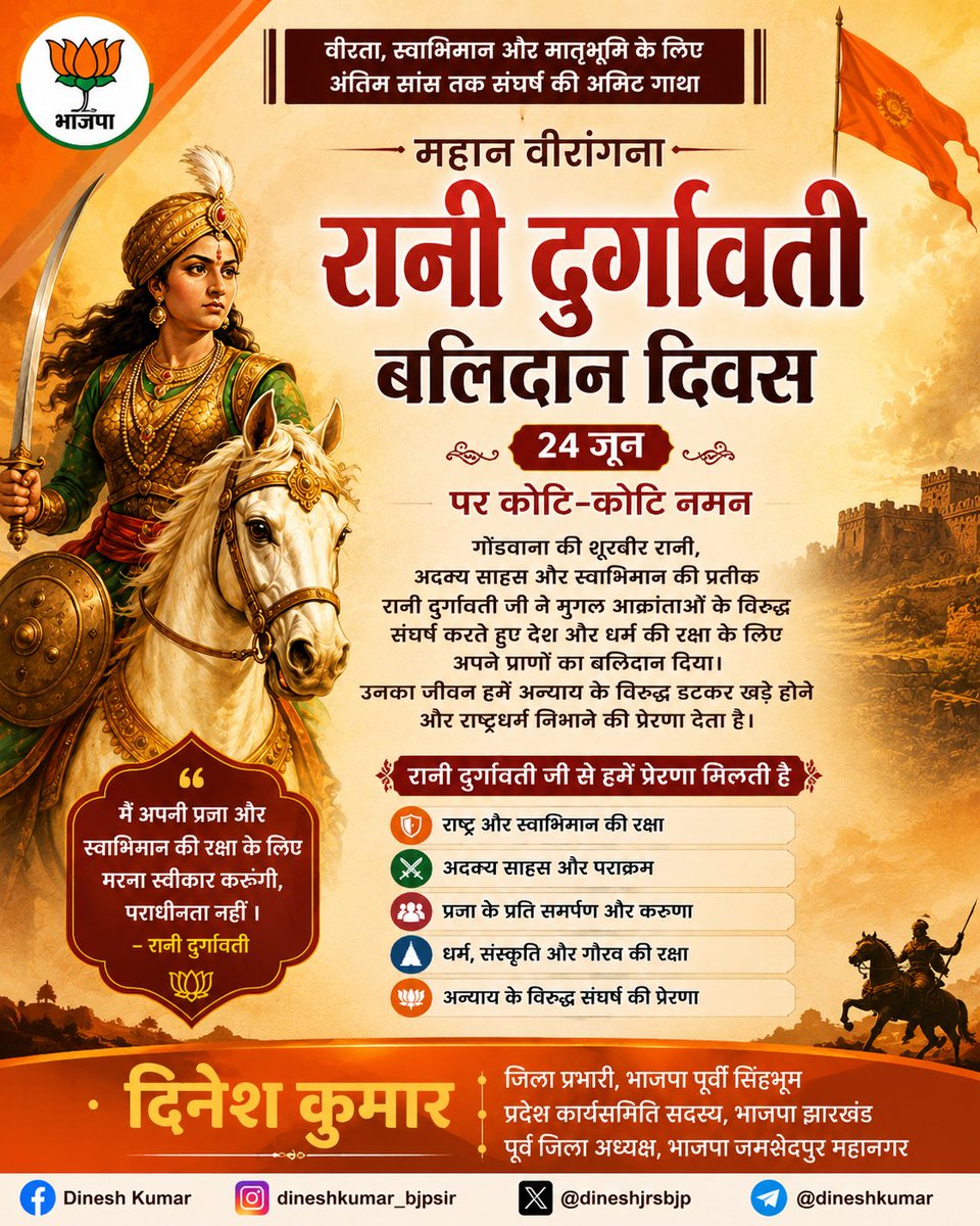 dineshjsrbjp's tweet photo. 🚩 रानी दुर्गावती बलिदान दिवस पर शत्-शत् नमन* 🚩

वीरता, स्वाभिमान और मातृभूमि की रक्षा के लिए अपना सर्वस्व समर्पित करने वाली गोंडवाना साम्राज्य की महान वीरांगना रानी दुर्गावती जी के बलिदान दिवस पर उन्हें कोटि-कोटि नमन।

रानी दुर्गावती जी ने अदम्य साहस, पराक्रम और राष्ट्रधर्म के प्रति अपनी अटूट निष्ठा का परिचय देते हुए विदेशी आक्रांताओं के समक्ष कभी भी आत्मसमर्पण नहीं किया। उनका त्याग, संघर्ष और बलिदान आज भी हम सभी को राष्ट्रहित एवं स्वाभिमान की रक्षा के लिए प्रेरित करता है।

आइए, उनके आदर्शों से प्रेरणा लेकर राष्ट्र निर्माण एवं समाज सेवा के संकल्प को और मजबूत करें।

🌺 महान वीरांगना रानी दुर्गावती जी को विनम्र श्रद्धांजलि। 🌺

#RaniDurgavati #RaniDurgavatiBalidanDiwas #Veerangana #BharatKiShaan #NariShakti #Rashtrabhakti #IndianHistory #DineshKumar #BJPPurviSinghbhum #Jamshedpur 🚩🙏🏻