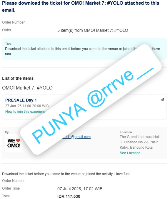rrrve__'s tweet photo. aku kemarin beli 5 karena barengan dengan temen2 ku ya, yg 1 tix aku jual karena temen ku ga jadi ikut.  untuk harga nya total pembelian dibawah aja bagi 5 untuk harga 1 tix nya https://t.co/Kk42dwG621