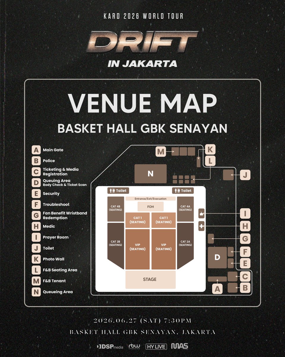 maslive_ofc's tweet photo. Venue map KARD 2026 WORLD TOUR <DRIFT> IN JAKARTA sudah rilis! 🗺️

Tandai titik penting: Gate masuk, area wristband redemption, medic, prayer room, F&amp;B, dan photo wall sudah siap untuk HIDDEN KARD!

Simpan dan share ke squad konsermu 🤎

📅 27 Juni | Basket Hall GBK Senayan https://t.co/QShusXhSs2