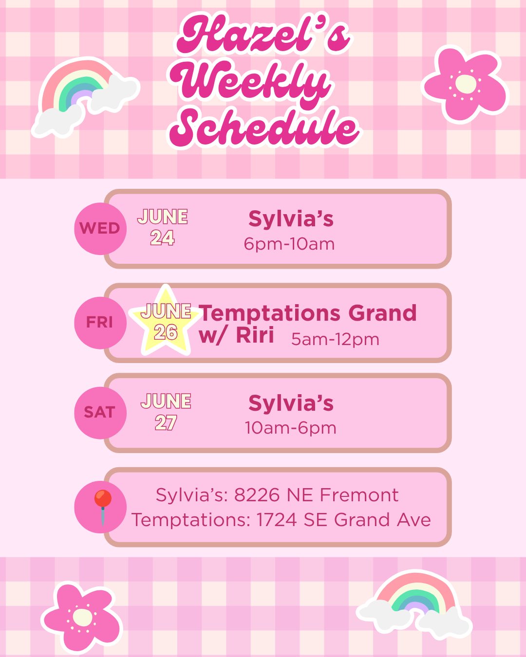 Schedule for the week ￼￼￼🌟 it’ll be my last double trouble ever and my second to last coffee shift ever 💖 see you there 😘 @temptations_pdx https://t.co/EWpqJsAAoh