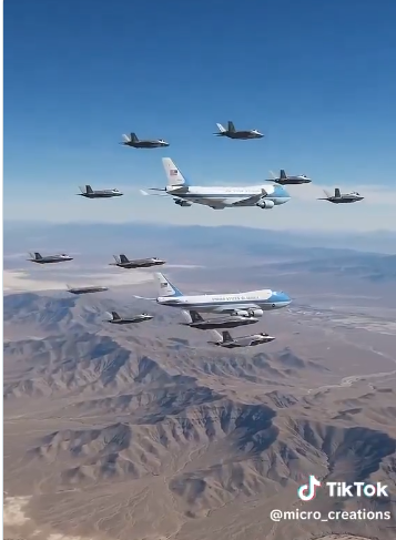 ClickHamilton's tweet photo. @nettermike AI Slop with the old paint job, and there are not supposed to be 2 Air Force Ones flying together. https://t.co/TAm4YV7cAv