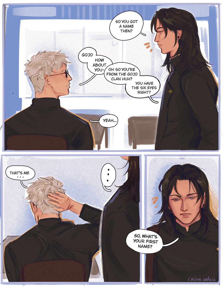 Cocoa_wdsis's tweet photo. First year meet up! (Don’t take it too seriously I like making stuff up) #JujutsuKaisen #satosugu #fanartㅤㅤㅤㅤ https://t.co/gjLx14Oqfn