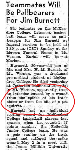 Mark_RK's tweet photo. You come across some weird stuff while doing genealogy.  This is not my relative.  This was right next to a section announcing all the divorces that just got finalized.  May 12, 1950, the Belleville News Democrat in Illinois. https://t.co/psRRHzDzIf