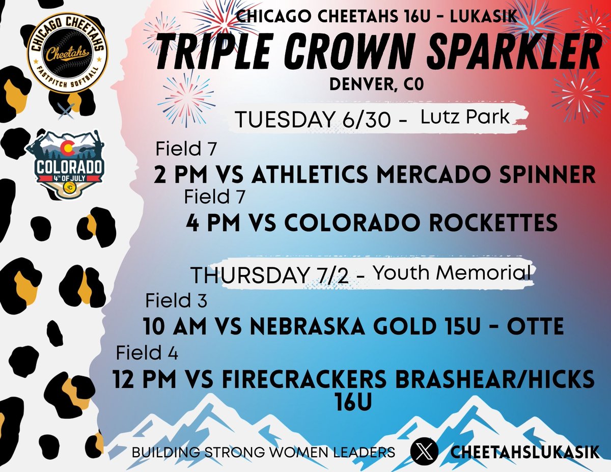 CheetahsLukasik's tweet photo. 🚨Coaches Heading to Colorado!📷 Schedule below for the tournament and practice games -- Come by and say hello. Can’t wait to see ya! #GoLets
@ChiCheetahsOrg
@BoDomeBville
@triplecrownspts
#coloradosparkler
#softball
#staypeachy https://t.co/Cnzb2R2Cug