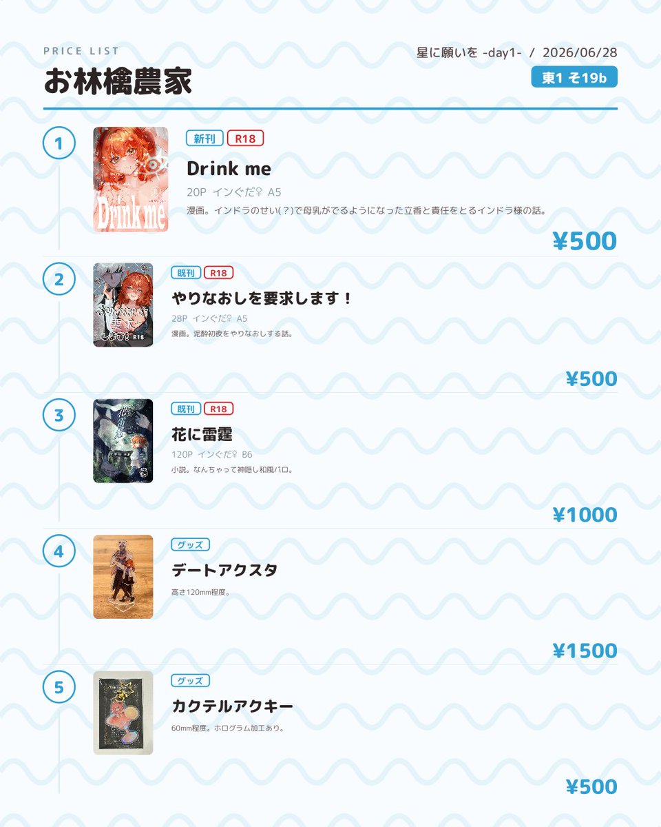 hirune07's tweet photo. とりあえずの簡易お品書き！

6月28日 星に願いを

【東1 そ19b お林檎農家】

にてお待ちしております！お釣りはあんまりないのでピッタリだととても助かります。ゆっくりのんびり待ってますね。

無配有り！紹介はリプ欄にて！ https://t.co/LY8iQyrQaJ