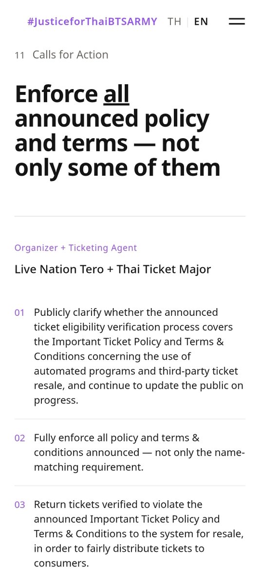 _candyclover's tweet photo. #JusticeforThaiBTSARMY 

@Michael_Rapino @LiveNation 

Calls for Action: Enforce all announced policy and terms — not only some of them @livenationth @ThaiTicketMajor

1. Publicly clarify whether the announced ticket eligibility verification process covers the Important Ticket Policy and Terms & Conditions concerning the use of automated programs and third-party ticket resale, and continue to update the public on progress.

2. Fully enforce all policy and terms & conditions announced — not only the name-matching requirement.

3. Return tickets verified to violate the announced Important Ticket Policy and Terms & Conditions to the system for resale, in order to fairly distribute tickets to consumers.

https://t.co/rVkO63zULo 

ข้อเรียกร้อง: บังคับใช้มาตรการที่ประกาศไว้ ทุกประการ มิใช่เพียงบางส่วน

1. ชี้แจงต่อสาธารณะว่ากระบวนการตรวจสอบสิทธิ์ครอบคลุมมาตรการเรื่องบอทและการขายต่อโดยบุคคลที่สามด้วยหรือไม่ และแจ้งความคืบหน้าอย่างต่อเนื่อง

2. บังคับใช้มาตรการทุกข้อที่ประกาศไว้อย่างครบถ้วน มิใช่เฉพาะเรื่อง ชื่อ-นามสกุล ตรงกับบัตร

3. นำบัตรที่ตรวจสอบว่าผิดมาตรการกลับคืนสู่ระบบเพื่อเปิดจำหน่ายใหม่ให้ผู้บริโภคอย่างเป็นธรรม

#BTS_WORLDTOUR_BANGKOK
#ProtectThaiARMYRights