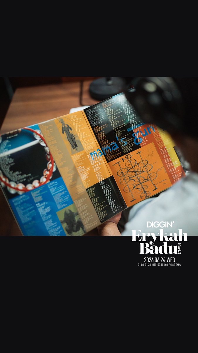 K_O_D_TOKYO_FM's tweet photo. DIGGIN' Erykah Badu

エリカ・バドゥ
アメリカ・テキサス州出身。
シンガー・ソングライター。
1997年、デビューアルバム『バドゥイズム』が全米300万枚超セールスを記録。収録曲「オン＆オン」とともにグラミー受賞。
2000年台初頭（しょとう）にはMISIAの名曲「Everything」をカバー。
来月7月4日（土）SGCホール有明で開催の
『SOUL CAMP 2026』に出演、更には
7月1日（水）横浜、6日（月）東京、
8日（水）大阪と、各地ビルボードで公演予定。『DIGGIN’Erykah Badu』をお送りします。
今夜も素晴らしいレコード世界への
フライト✈️✨どうぞお楽しみに😌

https://t.co/Wya3qMIIEp

@K_O_D_TOKYO_FM 
@DJMURO 
@MACKACHIN 
@tokyofm 
photo by @MURAKENPHOTO
