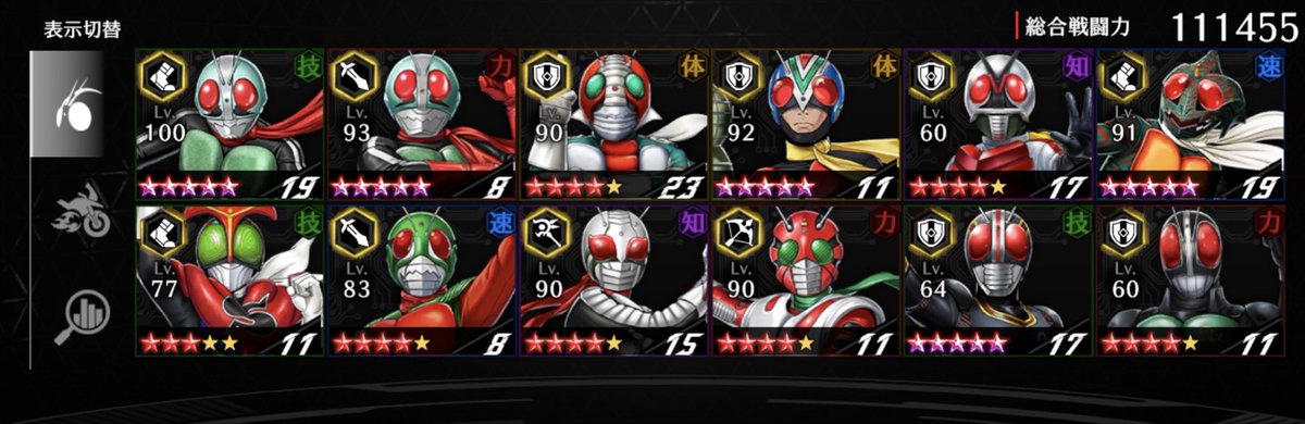 yasisun's tweet photo. ちなみに現在の昭和ライダー編成
次ZX来たら完凸出来る環境が整う‼︎
強化キャラで2人程ブレイカーとレモン並のバッファ実装お願いします🙏
#ライD https://t.co/BpVLMdoVB3