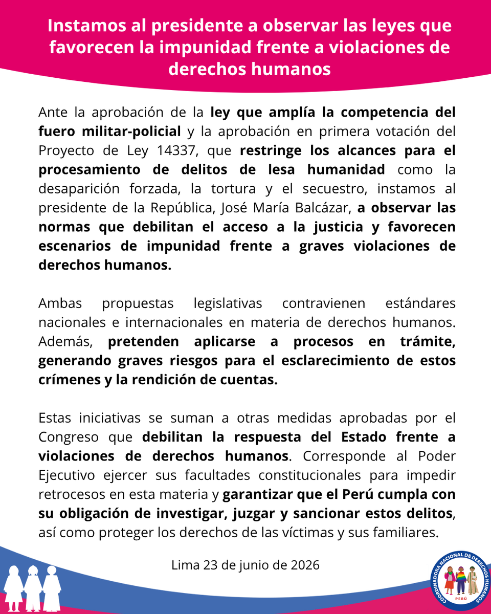 cnddhh's tweet photo. 🚨#Pronunciamiento
Instamos al presidente José María Balcázar a observar las leyes que favorecen la impunidad en casos de violaciones de derechos humanos.

⚠️Estas normas debilitan el acceso a la justicia y ponen en riesgo la investigación y sanción de graves delitos.

⚖️El Estado debe garantizar verdad, justicia y rendición de cuentas para las víctimas y sus familiares.